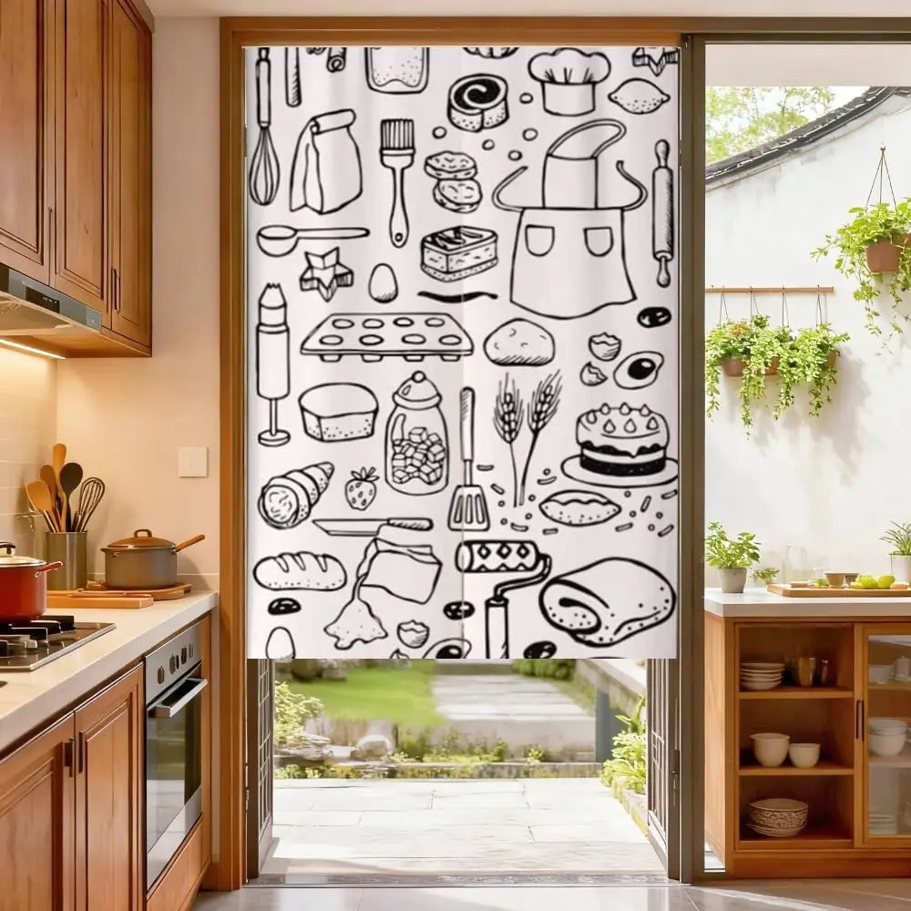 Japanese Style Kitchen Curtain,Pastry Chef Pattern,Door Curtain for Kitchen Window Decoration,Creates a Warm and Cozy Atmosphere