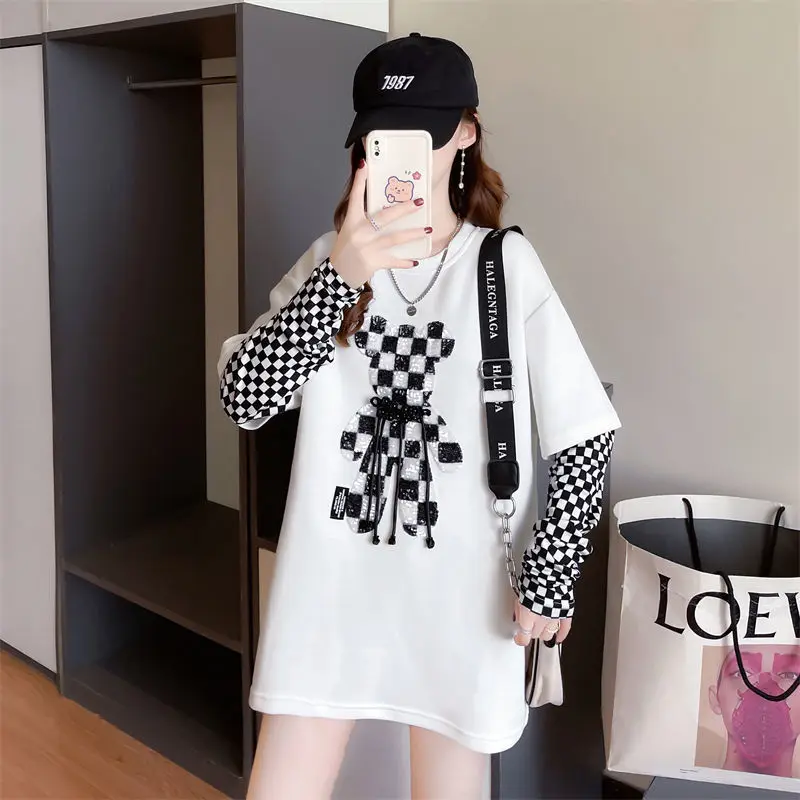 Jesień Casual Patchwork Plaid O-neck Long Sleeve T-Shirts Female Fashion Diamonds Pullover Top Tee Odzież damska Sznurowana koszulka