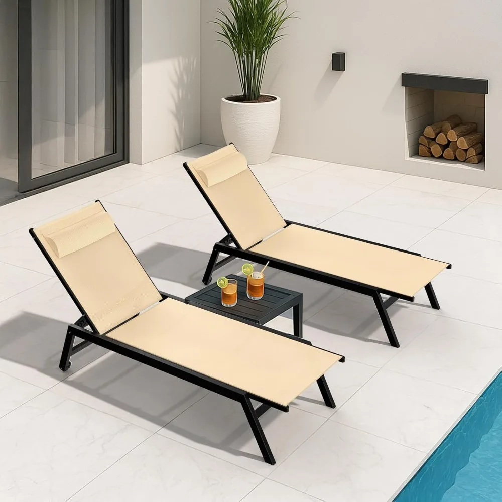 

Outdoor Aluminum Lounge Chair -Set of 2 with 5 Position Adjustable Backrest, Textilene Fabric, Two Wheels, Headrest for Pool,