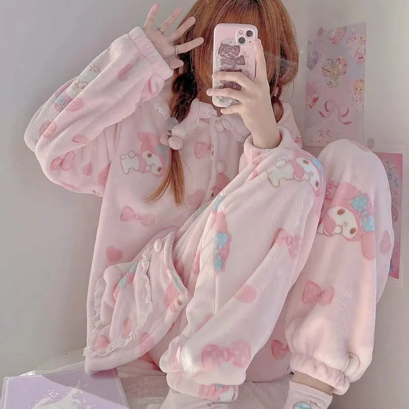 Hot Kawaii My Melody Coral Velvet Pajamas Girls Cute Tops Pants Plus Velvet Thickened Autumn Winter Home Clothing Casual Suit