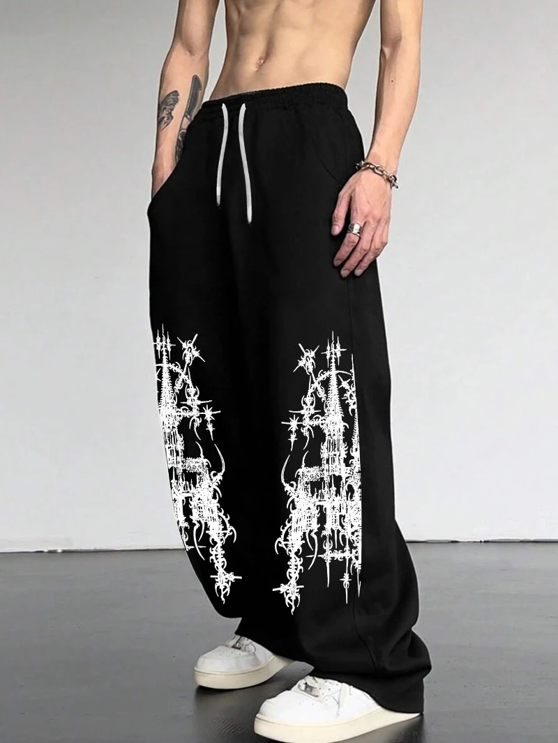 

Мужские повседневные прямые брюки с темным модным принтом — свободный крой, геометрический узор, кулиска на талии, всесезонный комфорт