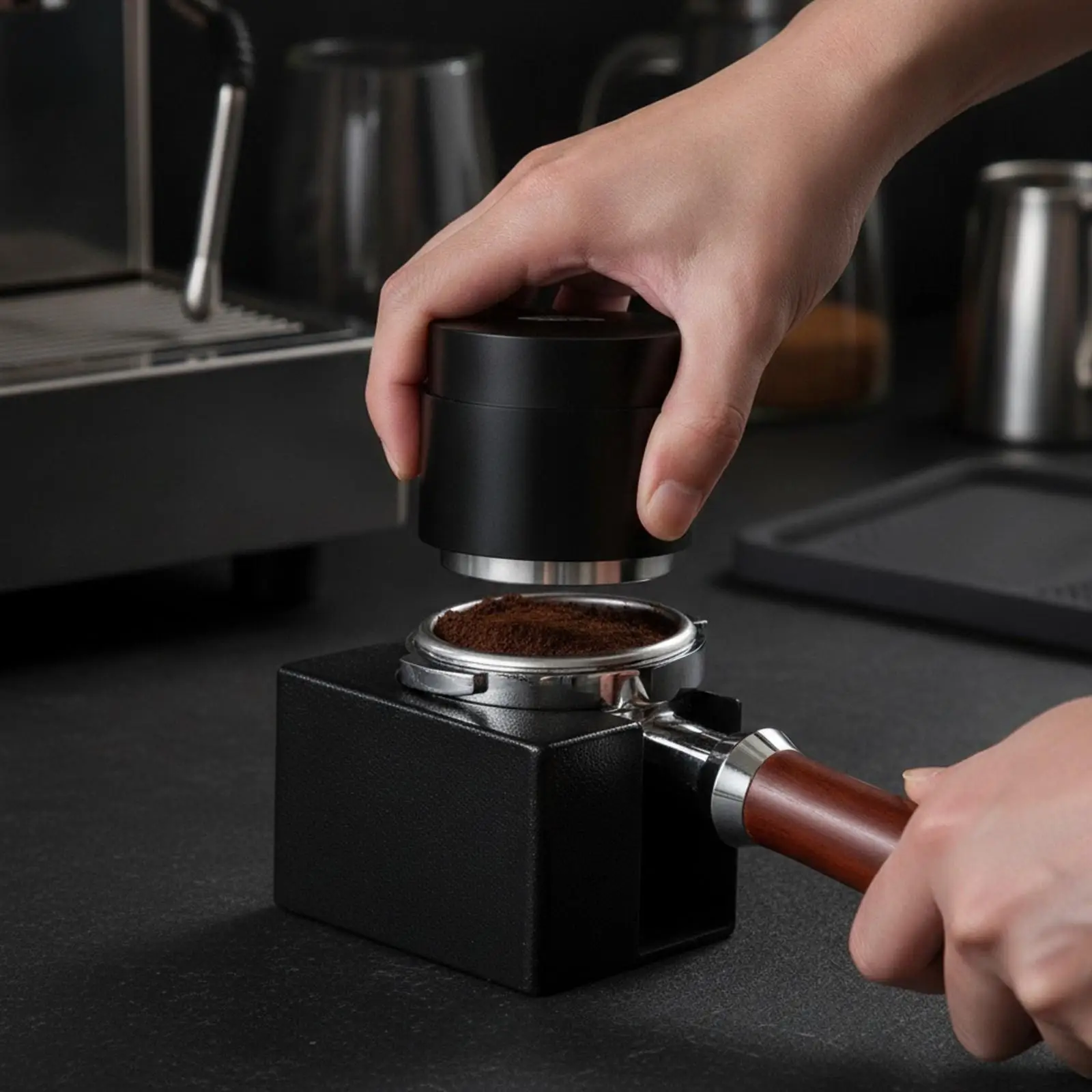 Adjustable Coffee Tamper Distributor for Espresso Machine with Visible Scale Markings Steel Body