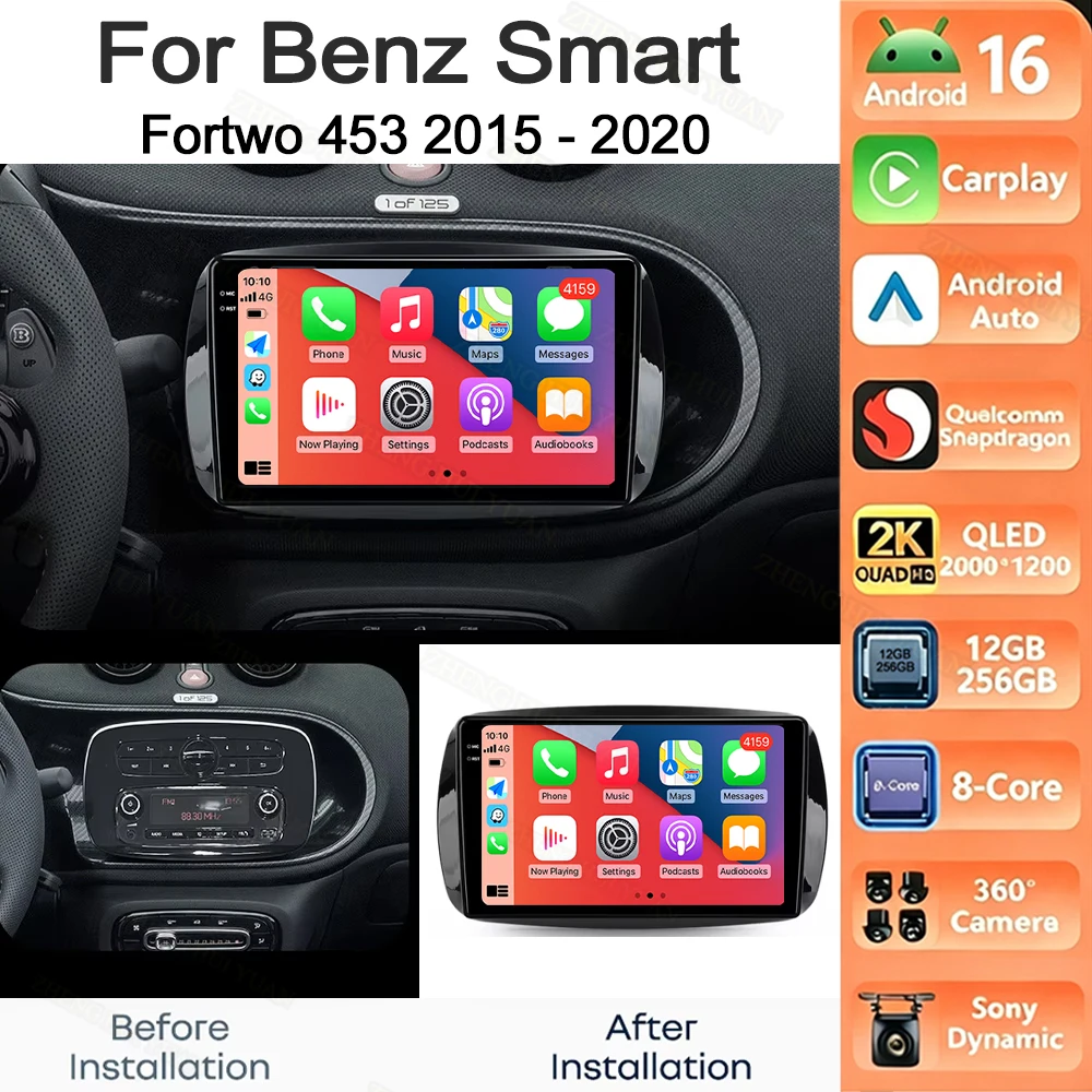 Android 16 CarPlay Android Auto für Mercedes Benz Smart Fortwo 453 2015 - 2020 Autoradio Stereo Navigation Multimedia-Player GPS