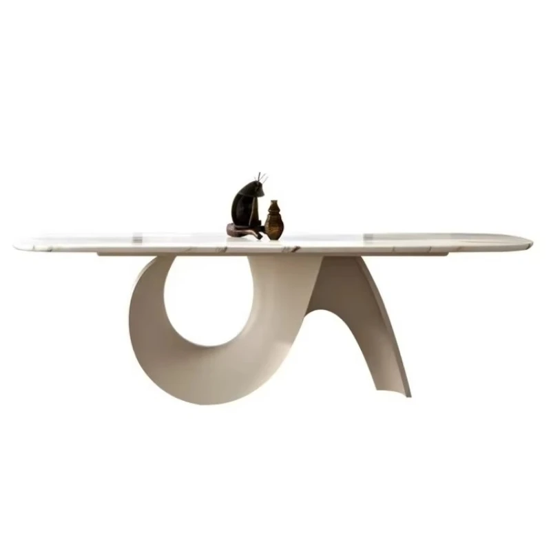 

Luxury high-end art designer high-end dining table, marble top modern arc, home office glass base