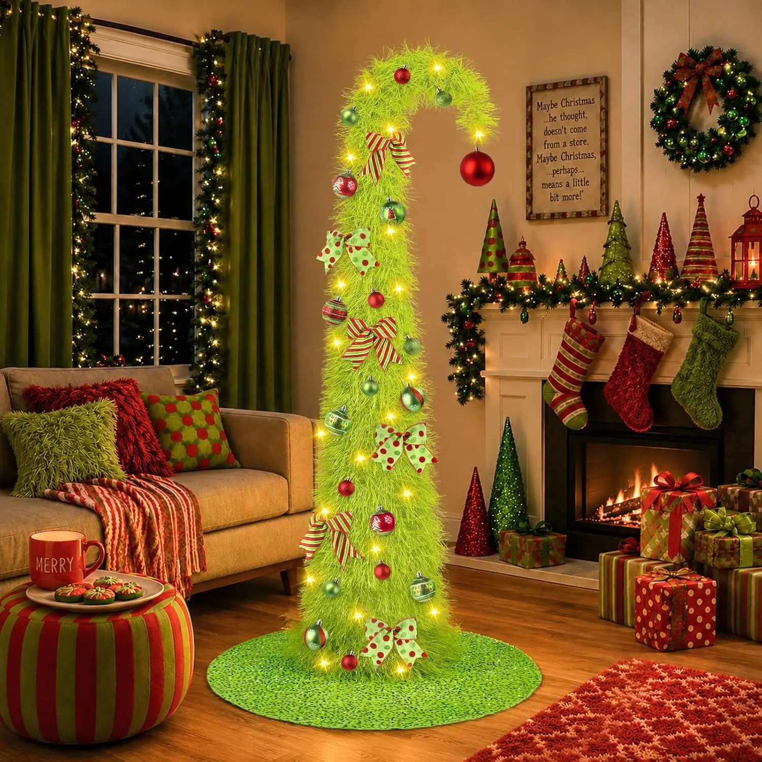 6FT Whimsical Pop-Up Christmas Tree with Lights 30” Tree Skirt, Green