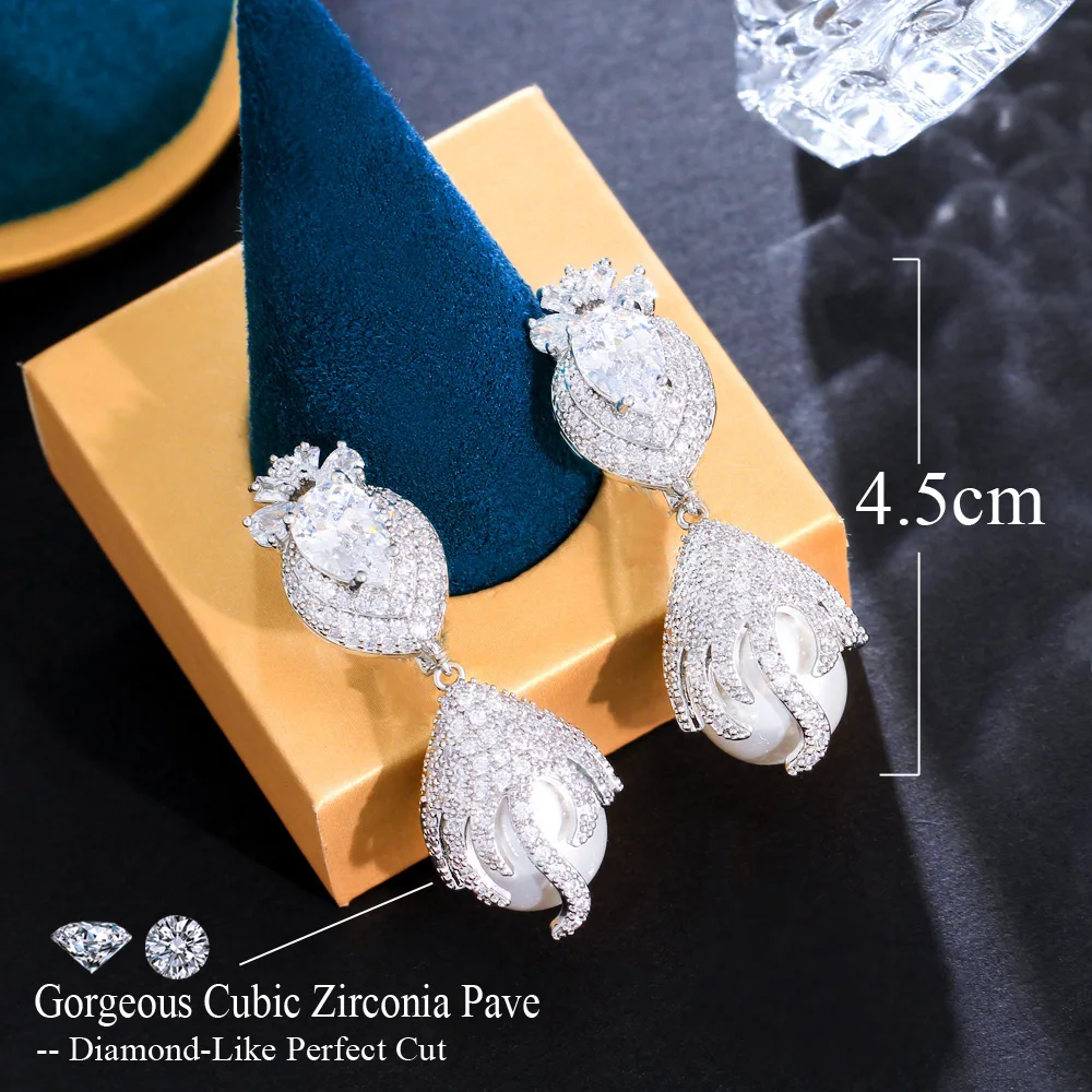 CWWZircons Glänzende CZ-Hängeohrringe, luxuriöse lange Perlen-Charm-Ohrringe für Damen, Hochzeits-Brautschmuck, Accessoire, Großhandel E0955 – Detail 4