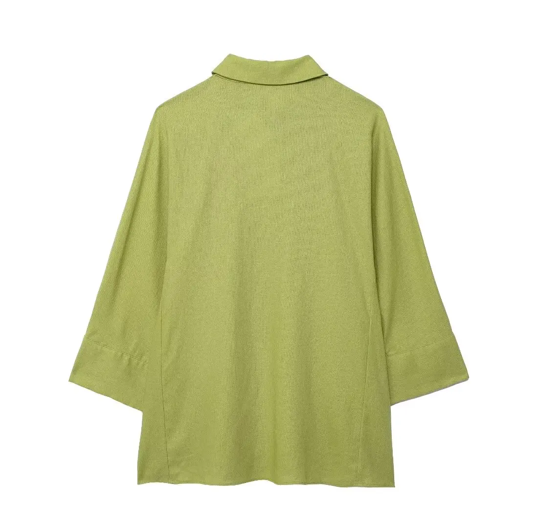 Tangada 2024 Women Green Cotton Linen Blouse Shirt Chic Female Loose Top 3H0200