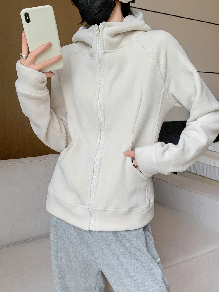 Women's Fleece Hoodie Jacket Warm Winter Zip-Up Coat Classic Solid Color Casual Outerwear with Pocket Fashion Streetwear Clothes