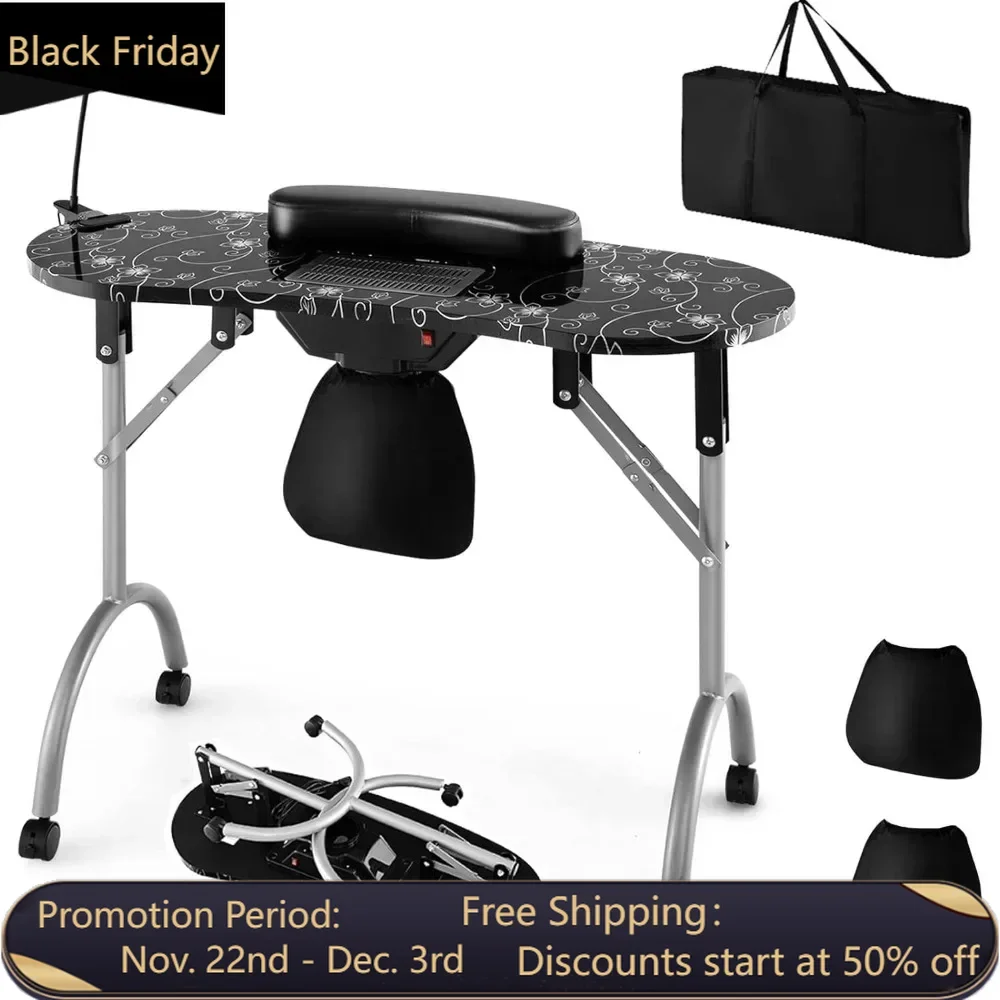 Portable nail table with electric dust collector, USB plug LED light, wrist rest, 4 lockable wheels, foldable nail table