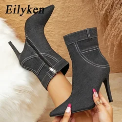 Eilyken 2024 inverno Sexy nero Denim punta a punta donna stivaletti Eelgant sottile tacco alto Chelsea scarpe con cerniera laterale