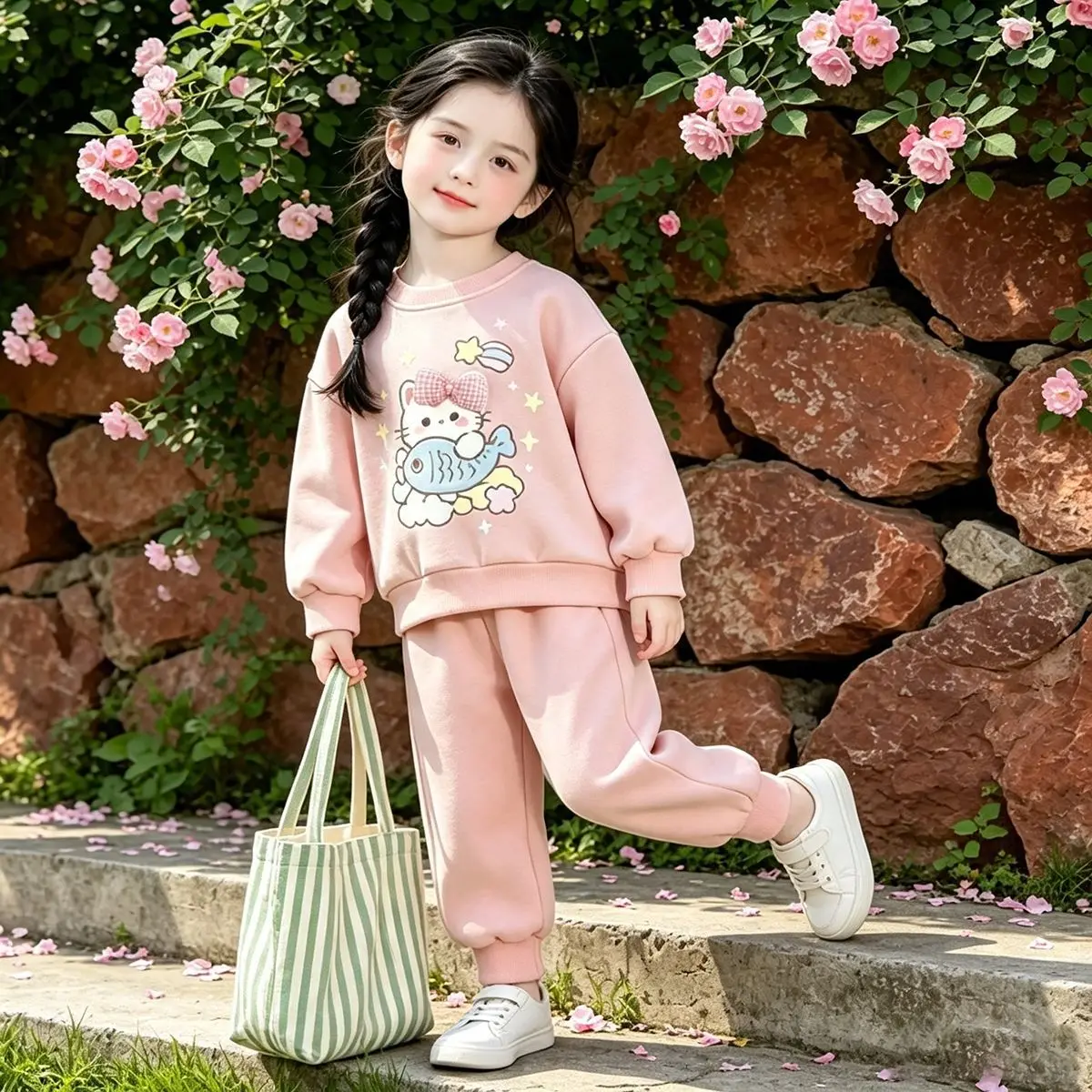 Mädchen-Cartoon-Katzen-Sweatshirt & Weitbein-Hosen-Set – Süßes koreanisches 2-teiliges Outfit für Kinder, lässige lockere Frühlings- und Herbstkleidung – Detail 6