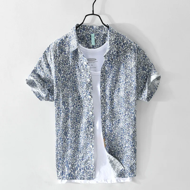 

Vintage 70% Linen 30% Cotton Floral Printed Shirt for Men Summer Short Sleeve Beach Holidays Blouses 24SS Y2k Youth Male Tops