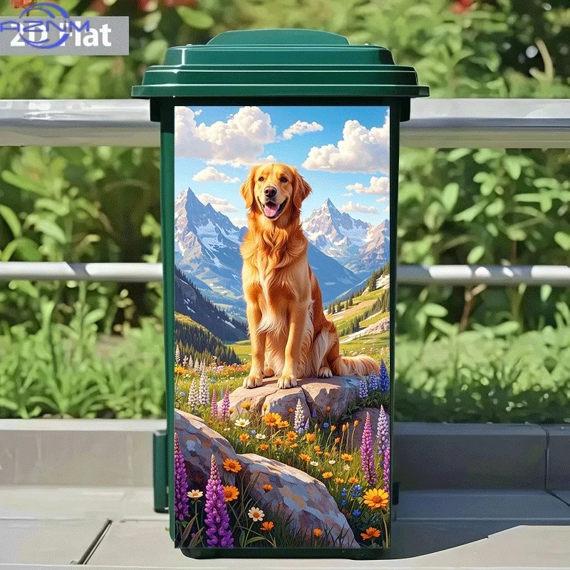 [2D Flat Printing]1pc Trash Can Sticker[Title Translated, Do Not Change] Golden Retriever Looking at Blooming Flowers Theme De