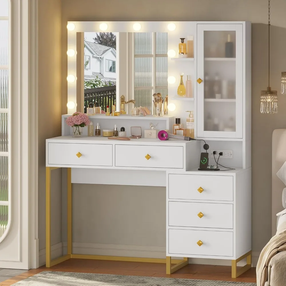 Makeup Vanity with Lights Vanity Table with Charging Station Vanity Desk with Mirror and 10 LED Light Bulbs Makeup Table