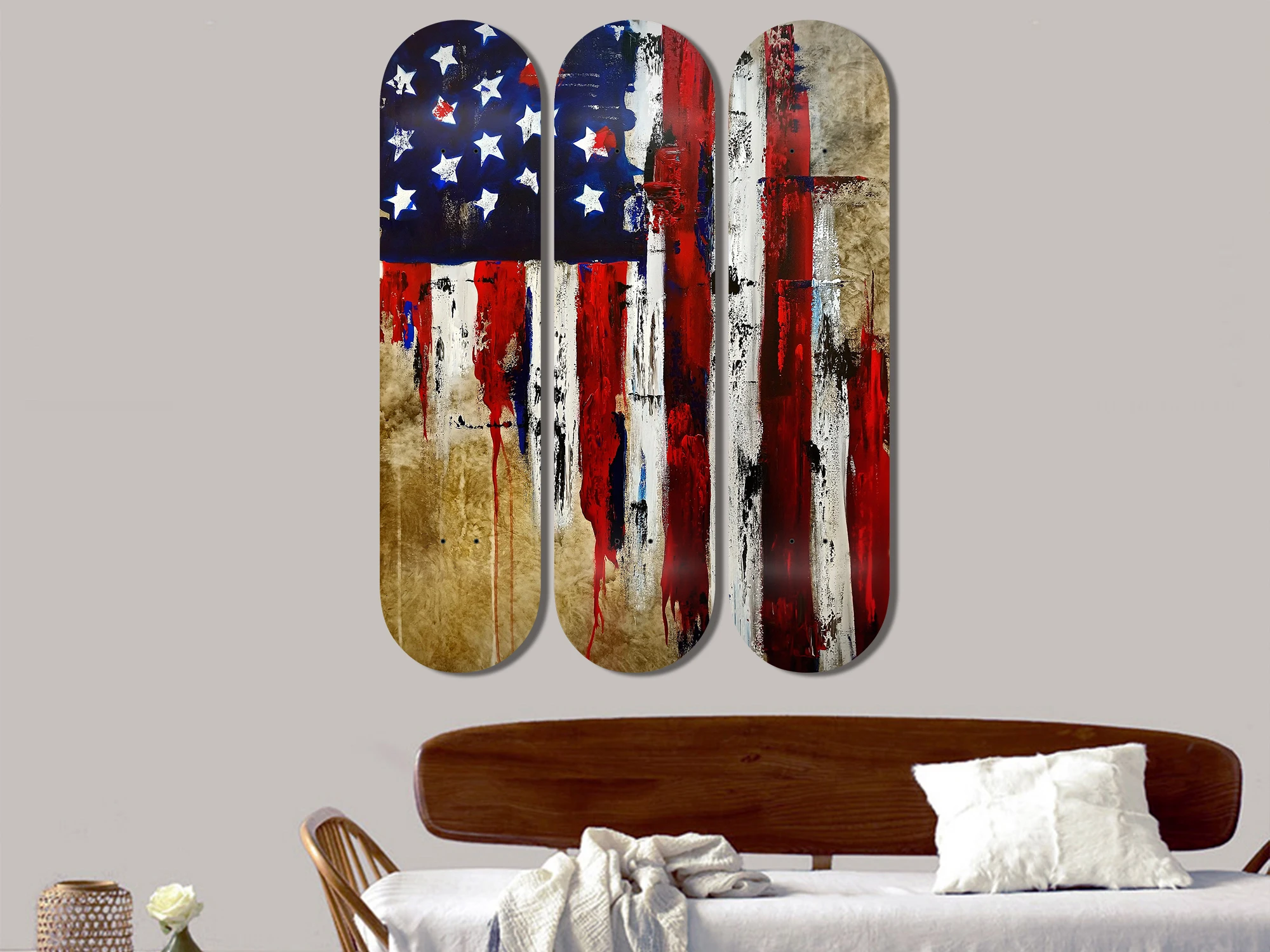 3pcs America Flag Art Skateboard Wall Mural Pop Art Pro-Grade Skate Deck Wall Plates for Bar Club Game Room Wall Decoration
