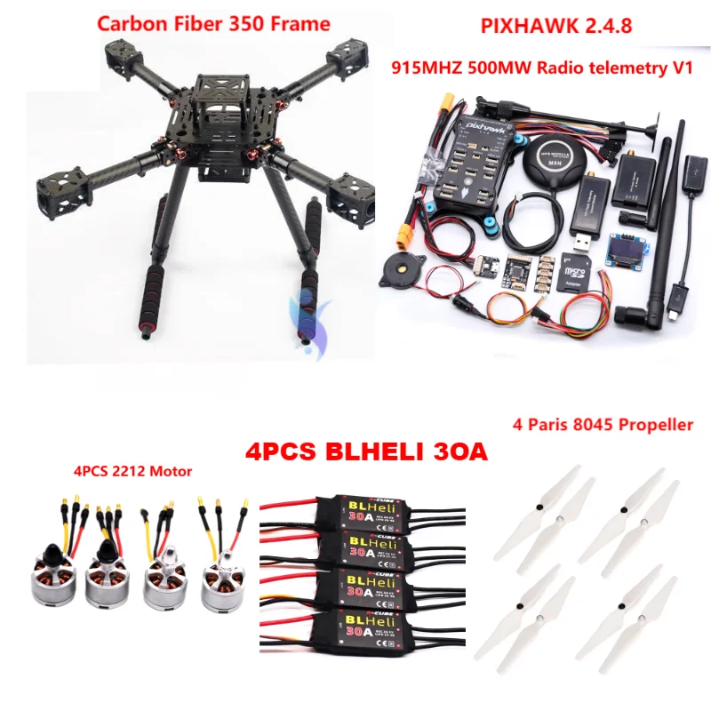 Kit de contrôle de vol en fibre de carbone F350 PIXHAWK 2.4.8 M8N, cadre Ardupilot 100MW télémétrie radio quadrirotor BLHELI 30A 2212 moteur ESC