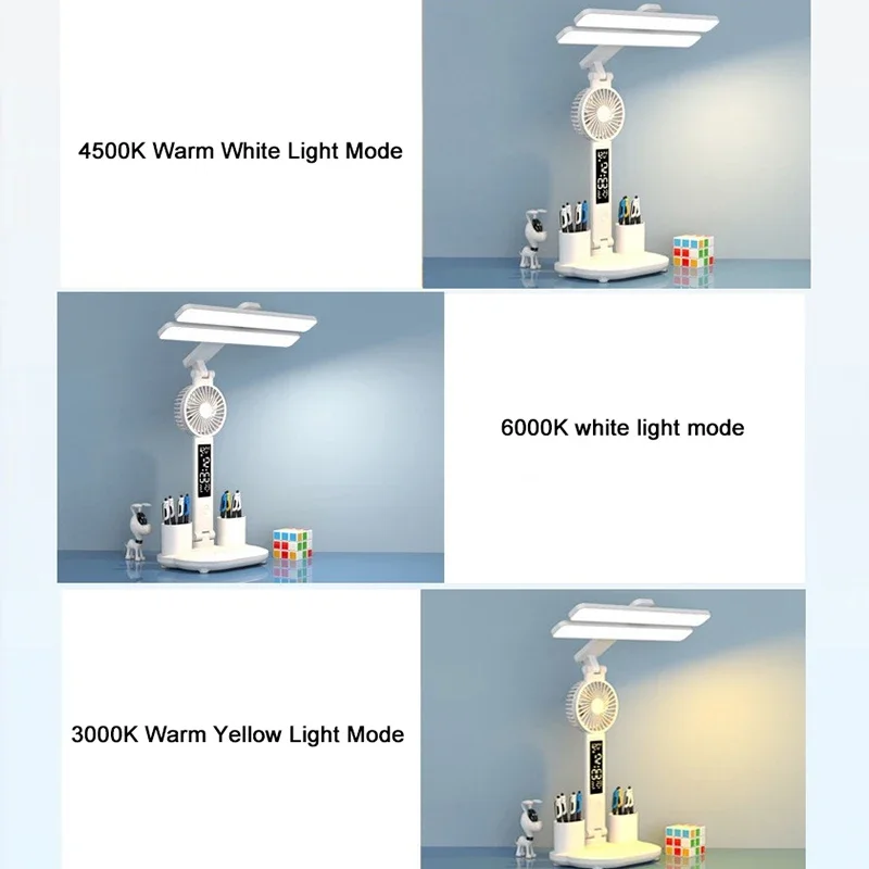 Imagem -03 - Lâmpada de Mesa Led com Ventilador e Relógio Eye Protect Estudo Tabela Luz Quarto Luminaria Home Office Indoor Room