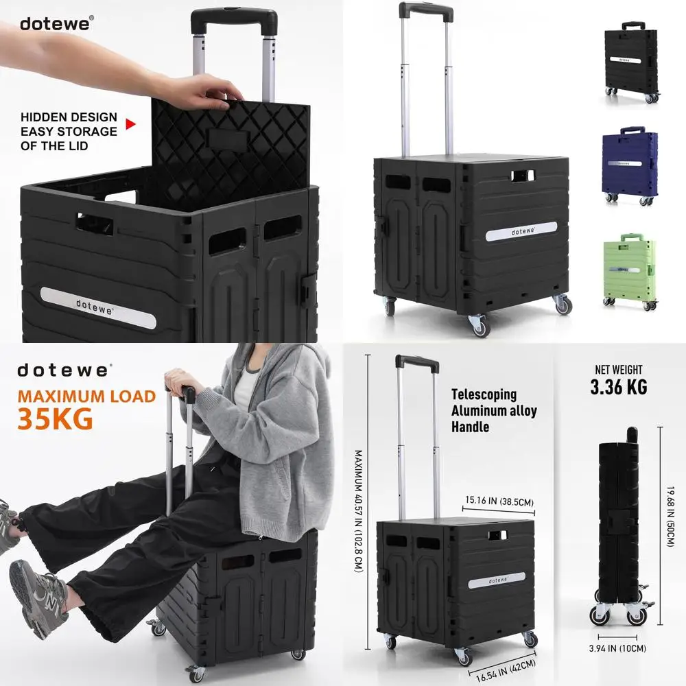 

Portable Rolling Utility Cart with Lid, Collapsible Trolley for Shopping, Storage, and More (Black)