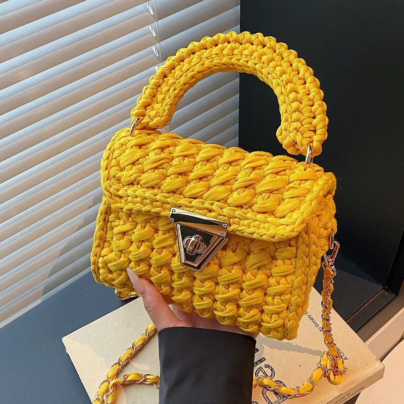 Yellow White Rose Red Handmade Crochet Woven Crossbody Shoulder Bag Chain Mini Square Blue Chain Strap Large Capacity For Women