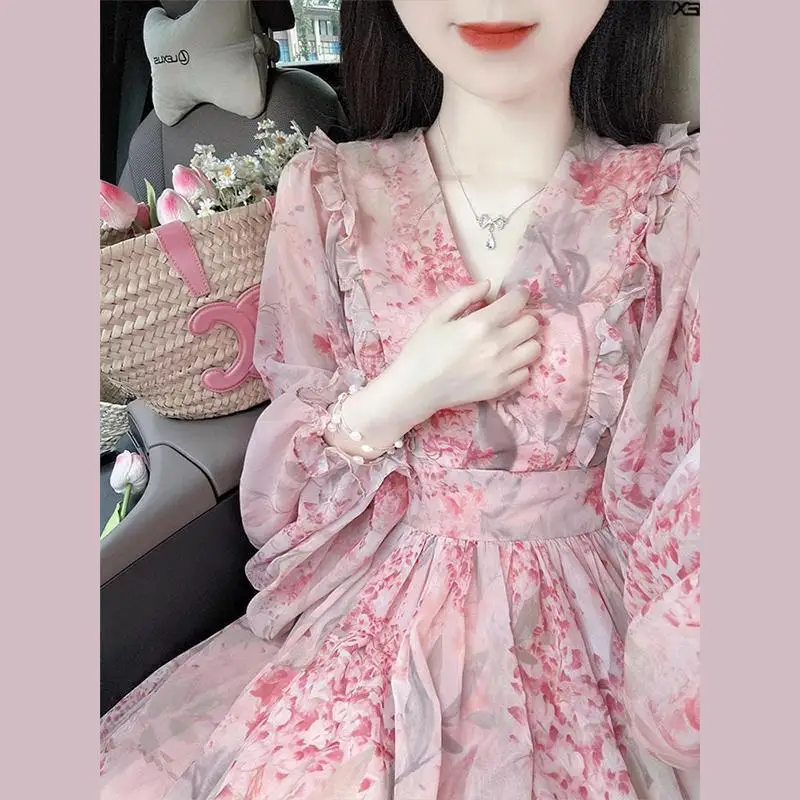 Französisch Stil Sommer Rosa Blumen Laterne Hülse frauen Herbst High-Grade Lange Kleid Elegante Tüll Abnehmen