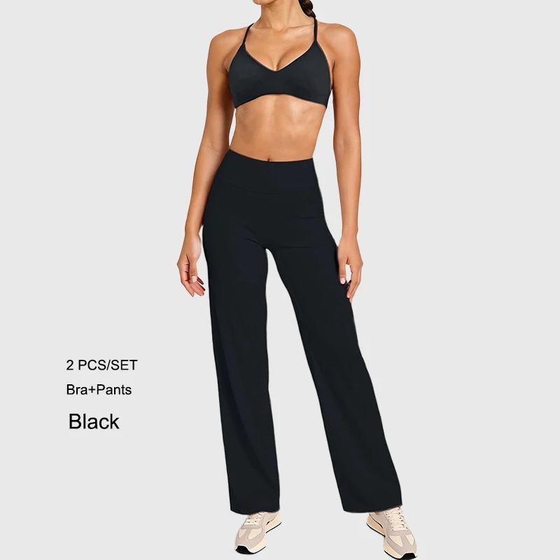 ชุดออกกำลังกายผู้หญิงแบบ 2 ชิ้น เสื้อชั้นในทรงสลิมฟิต กางเกงขายาวทรงกว้าง ชุดฟิตเนส ชุดออกกำลังกาย ชุดกีฬา เอวสูงทรงสลิมฟิต
