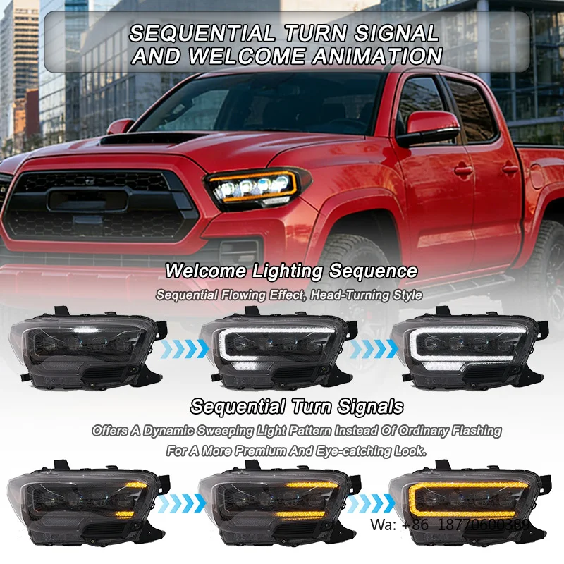 SINDAR Auto 4 Lens Type LED Headlights for Toyota Tacoma N240 N260 N300 N310 N320 N330 2016-2023 (Fit for Halogen and LED Type)