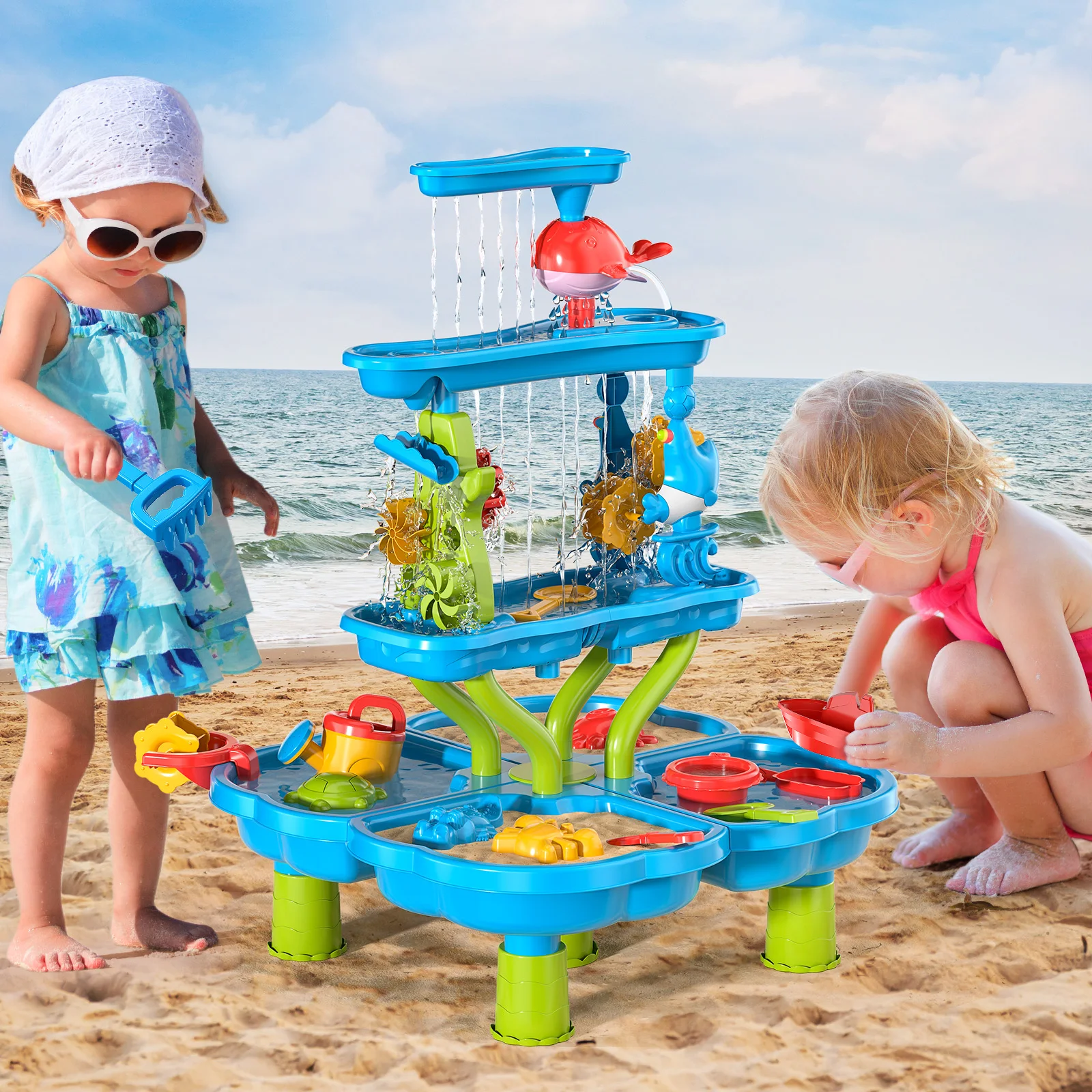 Kids Sand Water Table Toys for, 4-Tier 4-in-1 Splash Table, Water Sand Activity Tables Summer Outdoor Toys for Outside Backyard