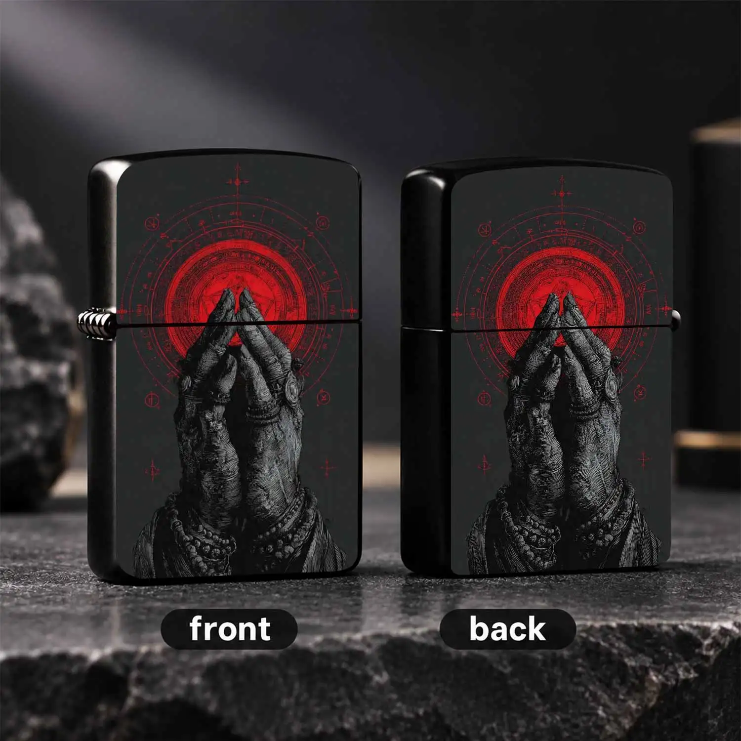 Dark Occult Mudra Themed Lighter, Features Mystical Vintage Ritual Aesthetic, Red Occult Sigil Circle Design, Sleek Portable Form Factor, Suitable For Daily Carry Outdoor Adventures Various Scenarios, Uni A Humorous And Interesting Lighter