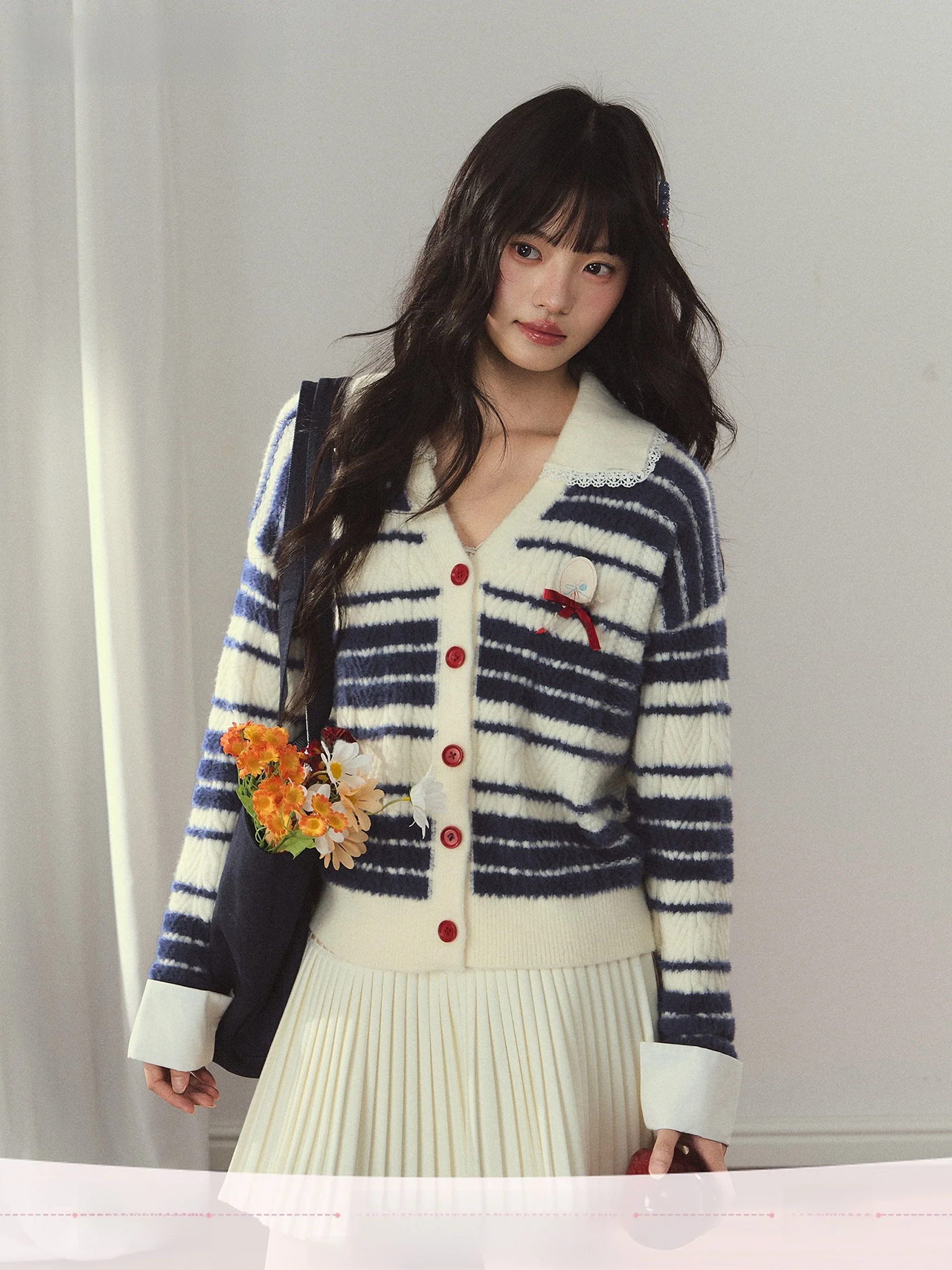 

Umoumo Sweet Color Blo Knitted Sweater V-Ne Turn-down Collar Flower Knit Open Cardigan Girl's Spring Long Sve