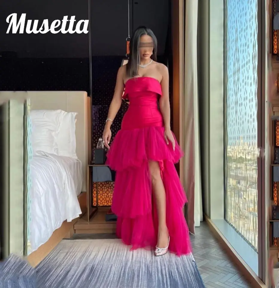 Musetta Fashion Strapless Prom Dress For Women Tulle Tiered Evening Gowns Side Slit Floor-Length Vestidos De Noche Customized