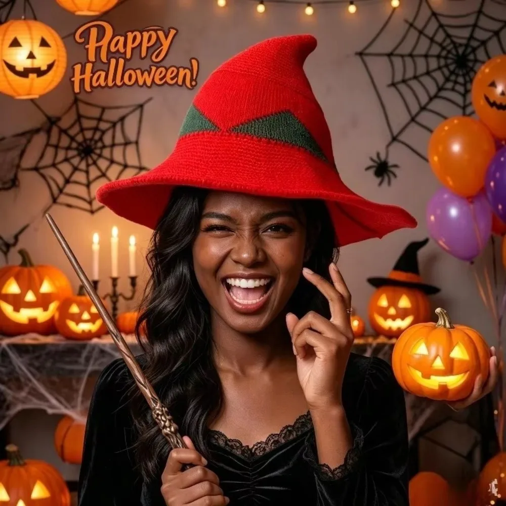 Crochet Halloween Bonnet Wide Edges Witch Hat Spire Soft Knitted Wizard Cap Yarn Cotton Foldable Halloween Hat Halloween Party