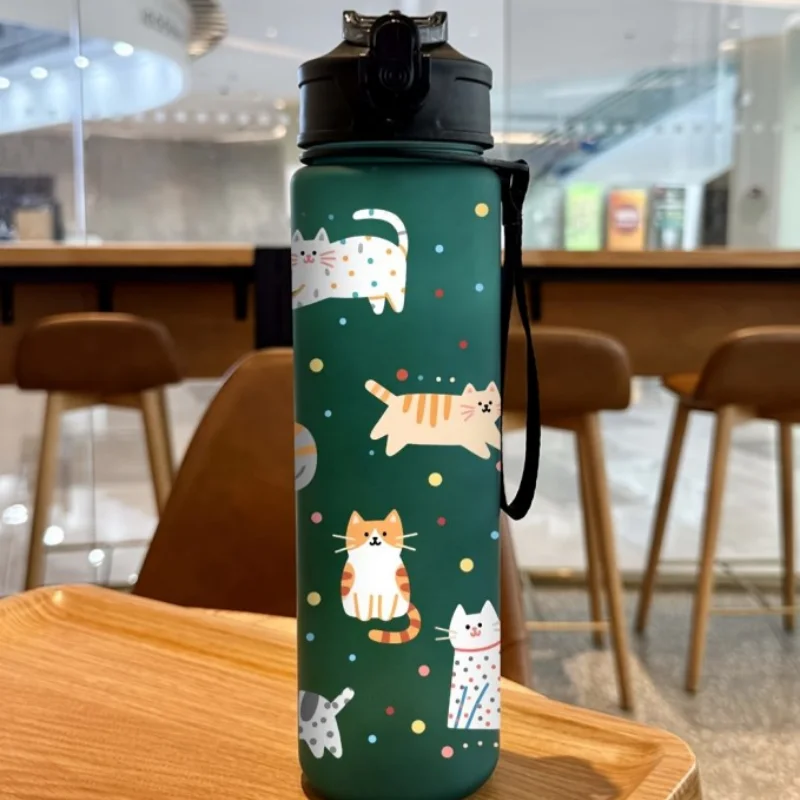 زجاجة مياه بنمط قطة كرتونية لطيفة مطبوعة ثلاثية الأبعاد - ملونة ومبتكرة ومضادة للتسرب، جسم غير لامع، مقاوم للبهتان، 750 مل