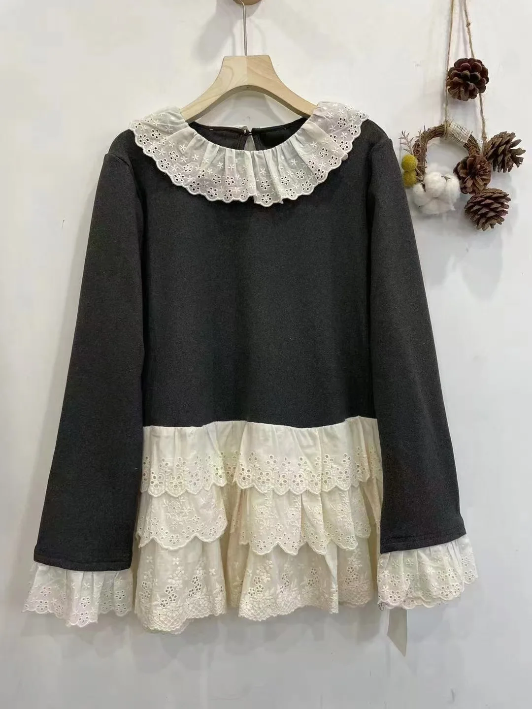 2025 Mori Girl-Camiseta básica de retazos con cuello de encaje para mujer, Tops de manga larga de algodón dulce de estilo japonés, ropa bonita