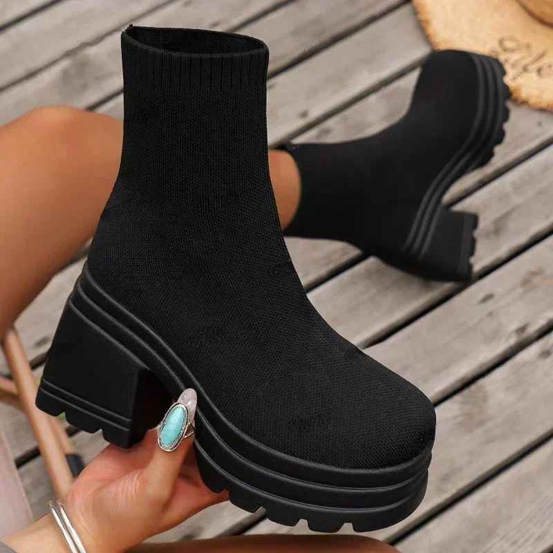 Fashion Knitted Ankle Boots women Casual Super High Heel Thick Bottom Shoes Female Autumn High-top Elastic Overfoot Sock Boots