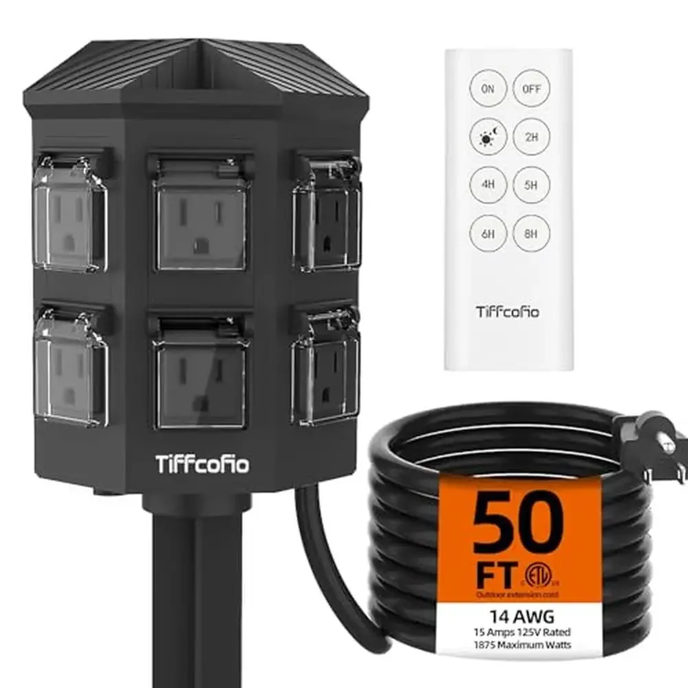 Remote Control Outdoor Power Stake Timer 50FT Extension Cord Waterproof Dusk Dawn Light Timer 6 Grounded Outlets 8 Timer