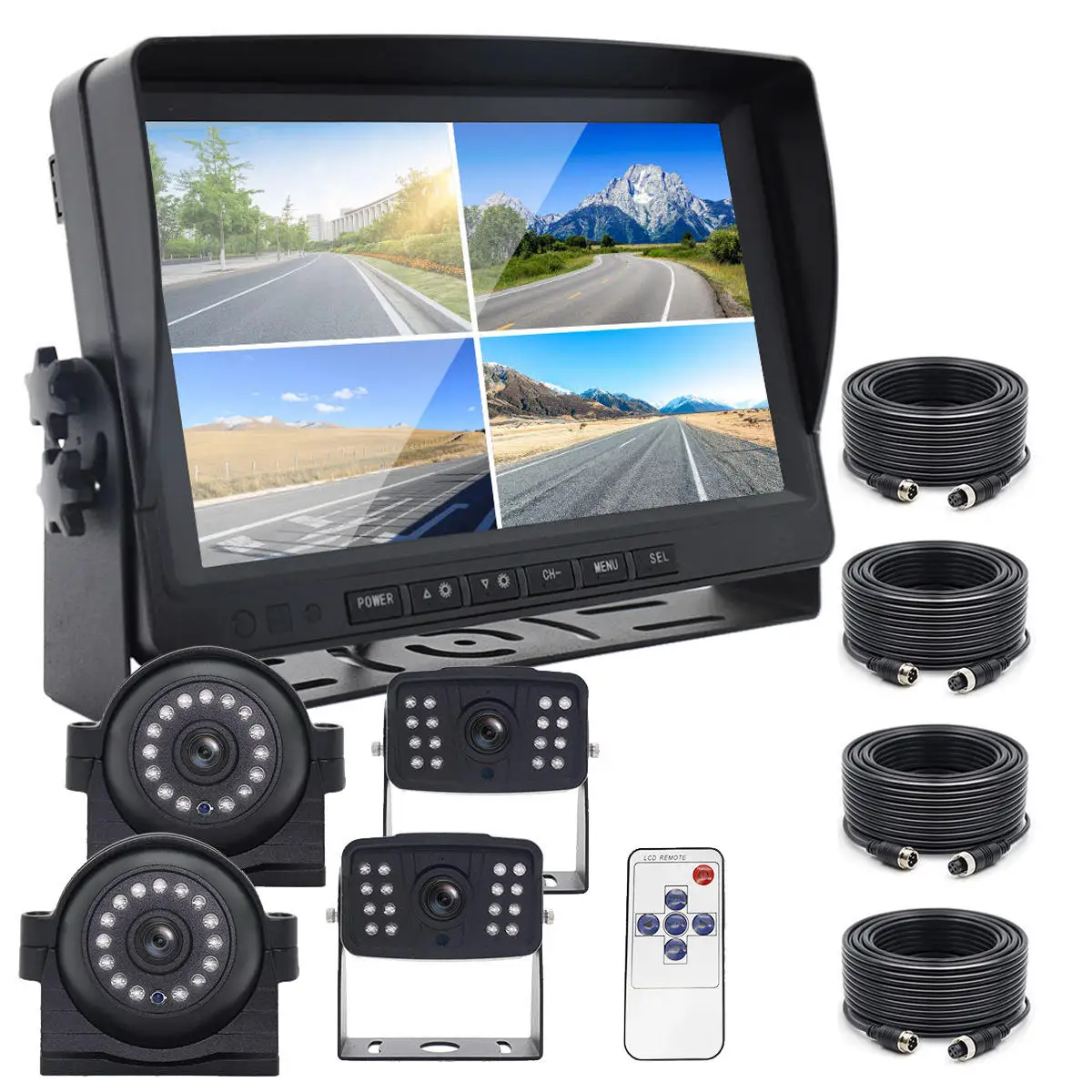 

9 Inch Quad Split Screen Display Monitor With Loop Recording Rearview Camera System Kit for Truck RV Caravan Bus Trailer