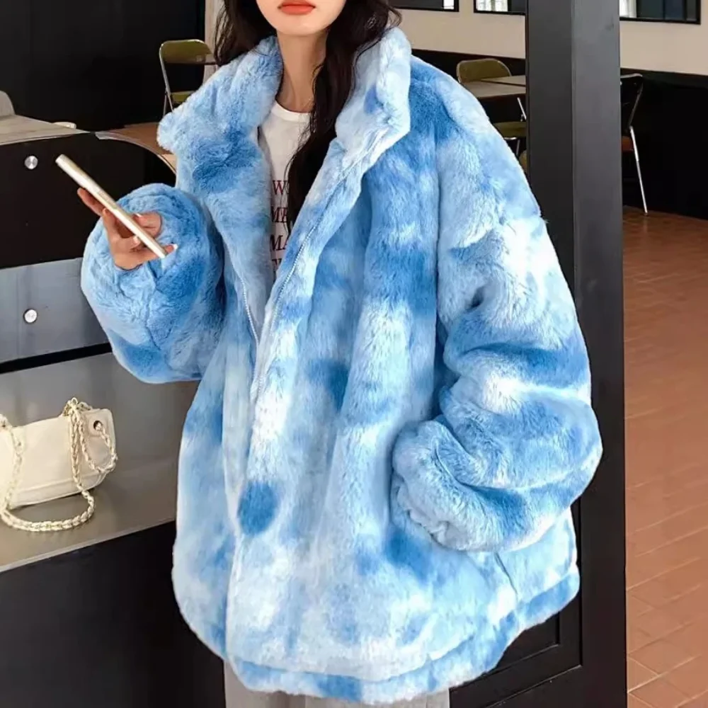 

Autumn Winter 2025 Women Faux Rabbit Fur Coats Patchwork Overcoat Turn Down Collar Long Sleeves Open Stitch Thick Loose Jackets