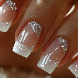 24Pcs Short Square Coffin False Nails with Glue French Glitter Gradual Change Wearable Ballet Design Nails Press on Nail Tips