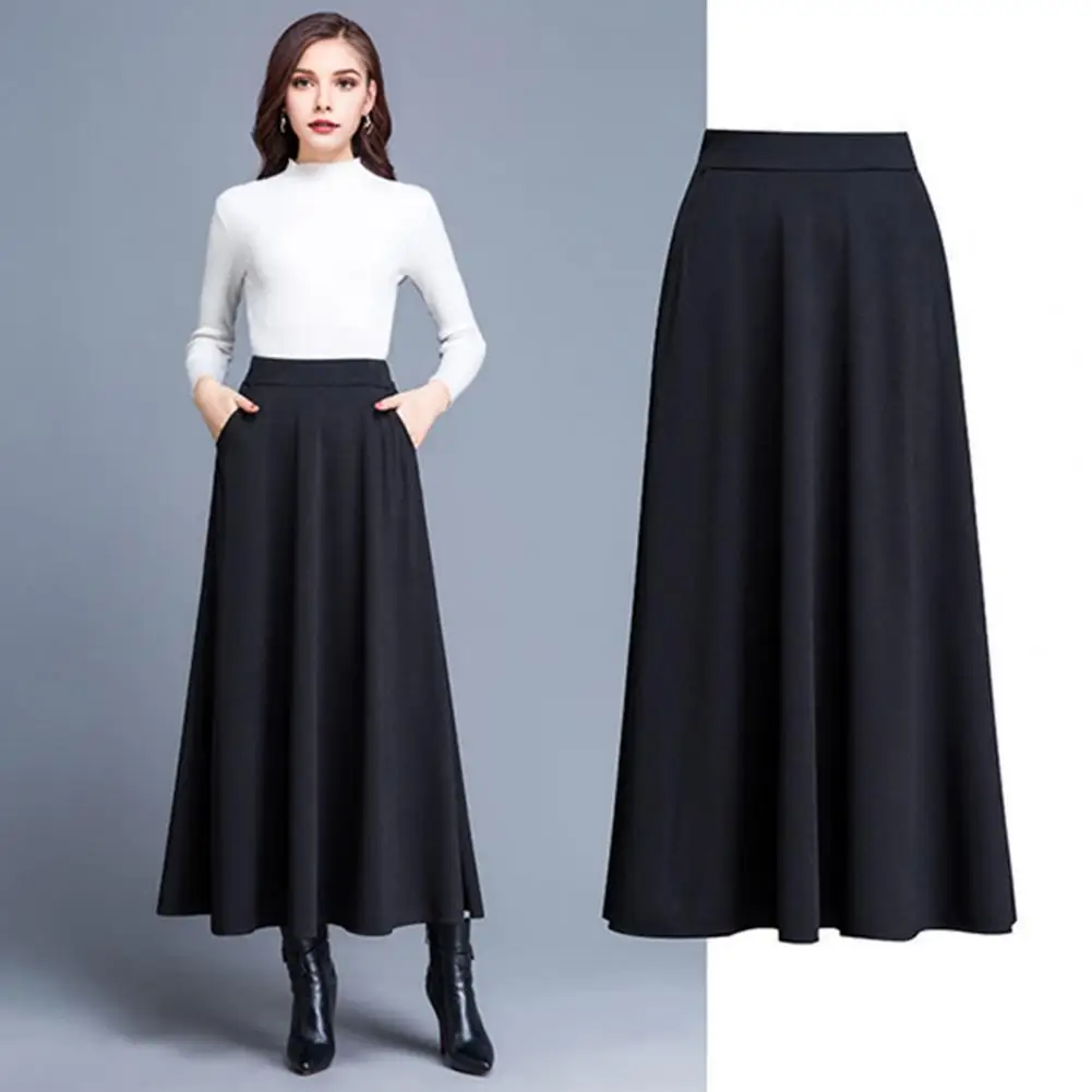 Rok ayun pinggang tinggi wanita, rok Maxi koleksi pinggang tinggi model A-line dengan saku warna Solid untuk perempuan