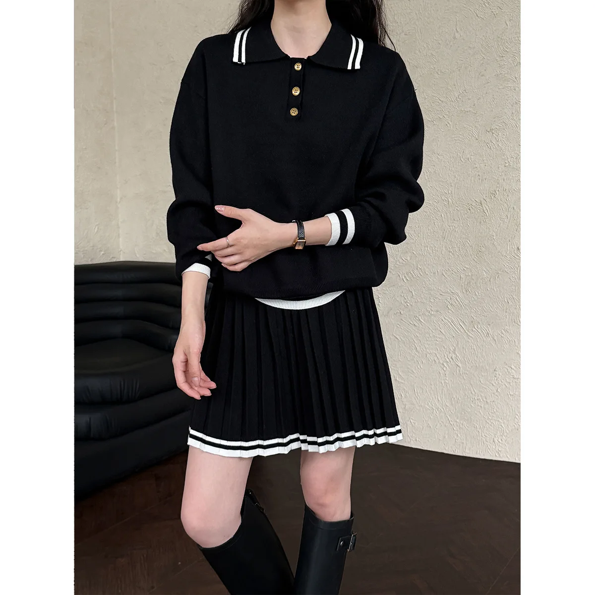 

College Style Polo's Collar Sweater + High Waist Pleated Skirt Set For Women 2025 Autumn