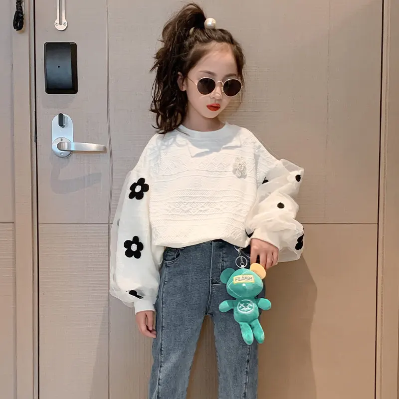 Autumn New Children Sweatshirt with Flower Clothes Cute Kids Girls Solid Color Korean Sweatshirt Fashion Teenager School Tops