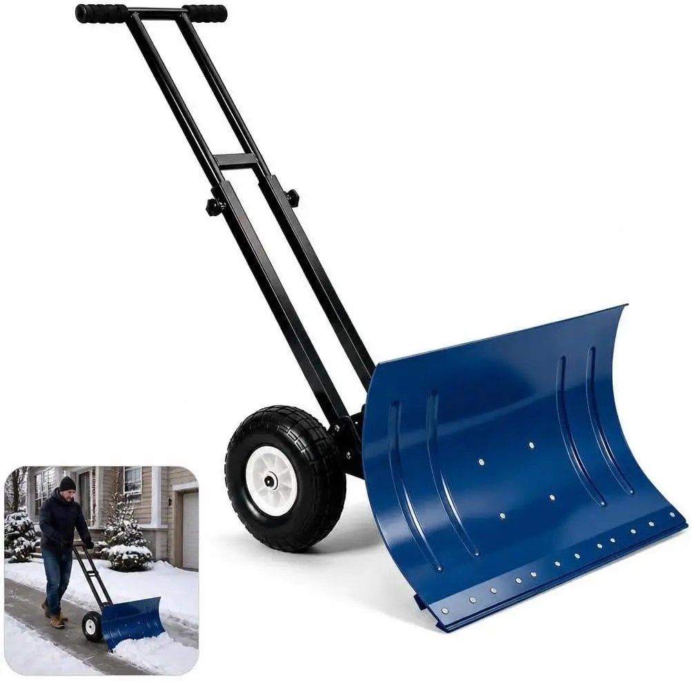 Wheeled Snow Shovel 29in Alloy Blade Alloy Steel Snow Pusher Shovel Metal Rolling Snow Pusher for Snow Removable