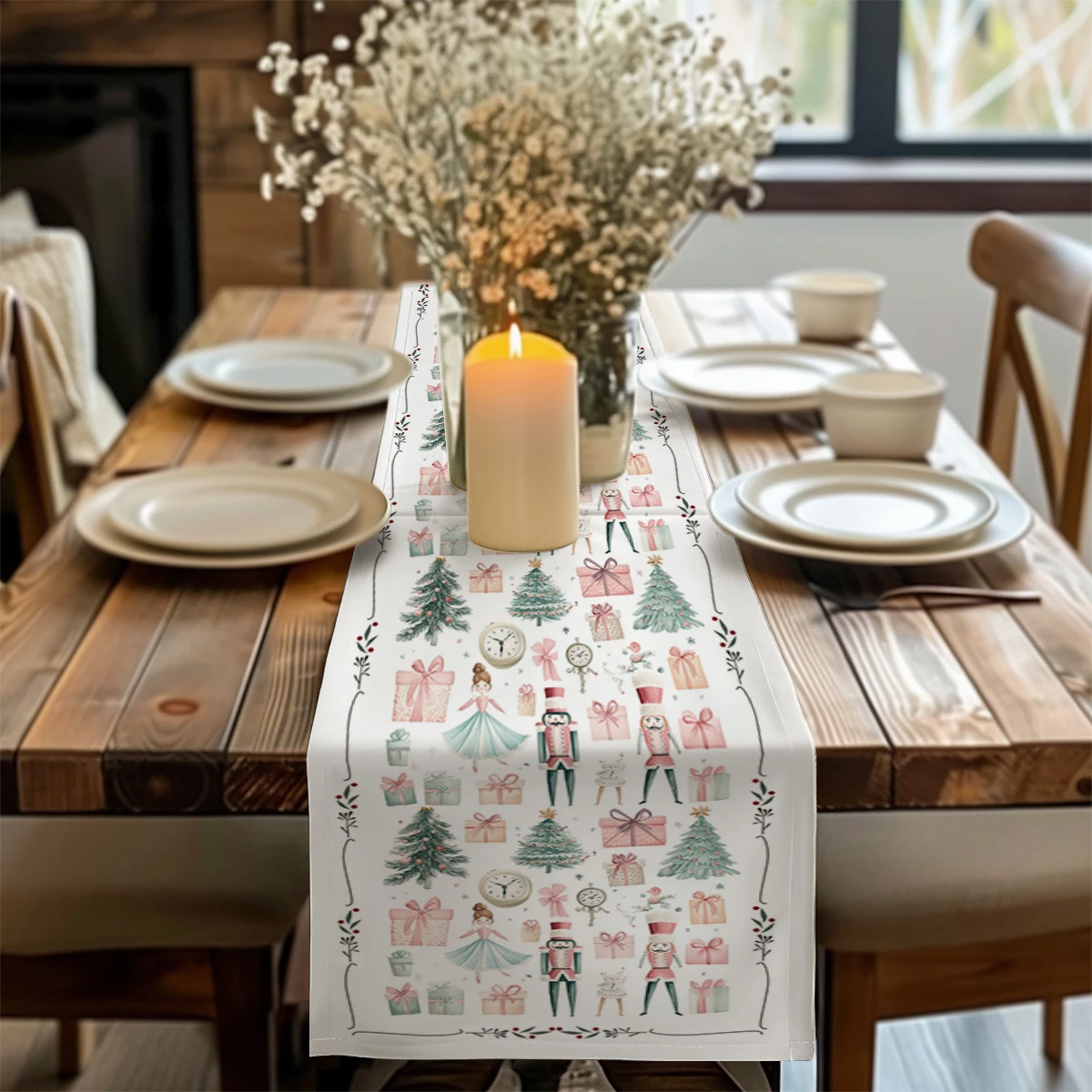 Christmas Tree Christmas Gift Clock Walnut Table Runners Dresser Table Decor Reusable Kitchen Dining Table Runner Party Decor