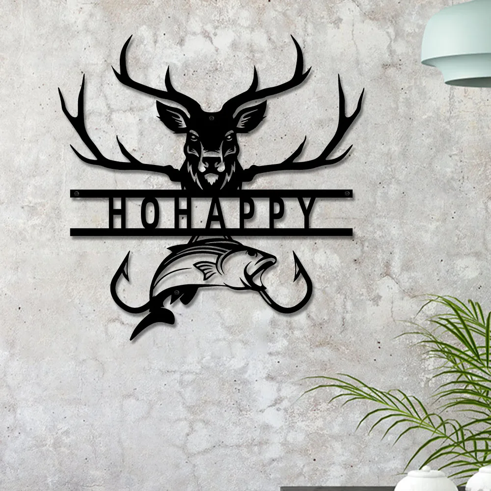 Изготовленный на заказ металлический настенный декор с оленем и рыбой, персонализированный знак охотничьей кабины, идея для домашнего подарка в деревенском стиле