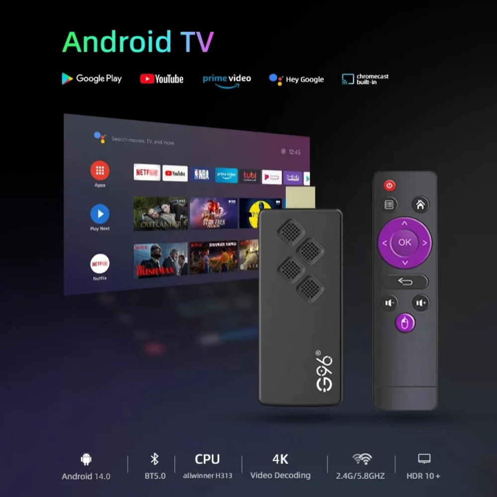 عصا تلفاز ذكية تعمل بنظام Android 14، Netflix ATV 4K HDR10، مساعد Google ثنائي 2.4G5GWifi، Youtube، مشغل وسائط متعدد اللغات Q2