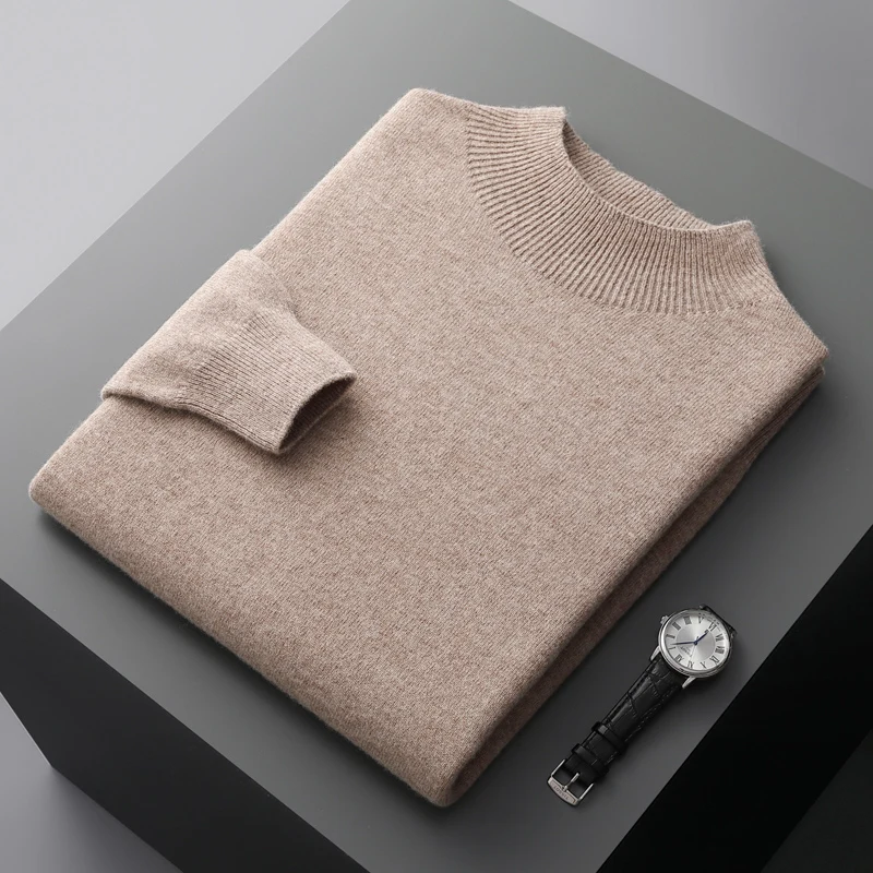 Autumn and winter new semi-high collar men\'s cashmere sweater solid color loose 100% pure wool Joker sweater