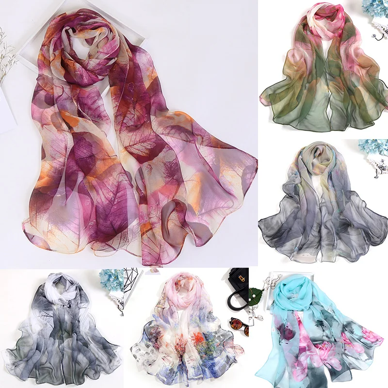 New Fashion Spring Summer Thin Scarves Elegant Women Floral Print Silk Scarf Beach Sunscreen Long Wraps Chiffon Shawls Hijab