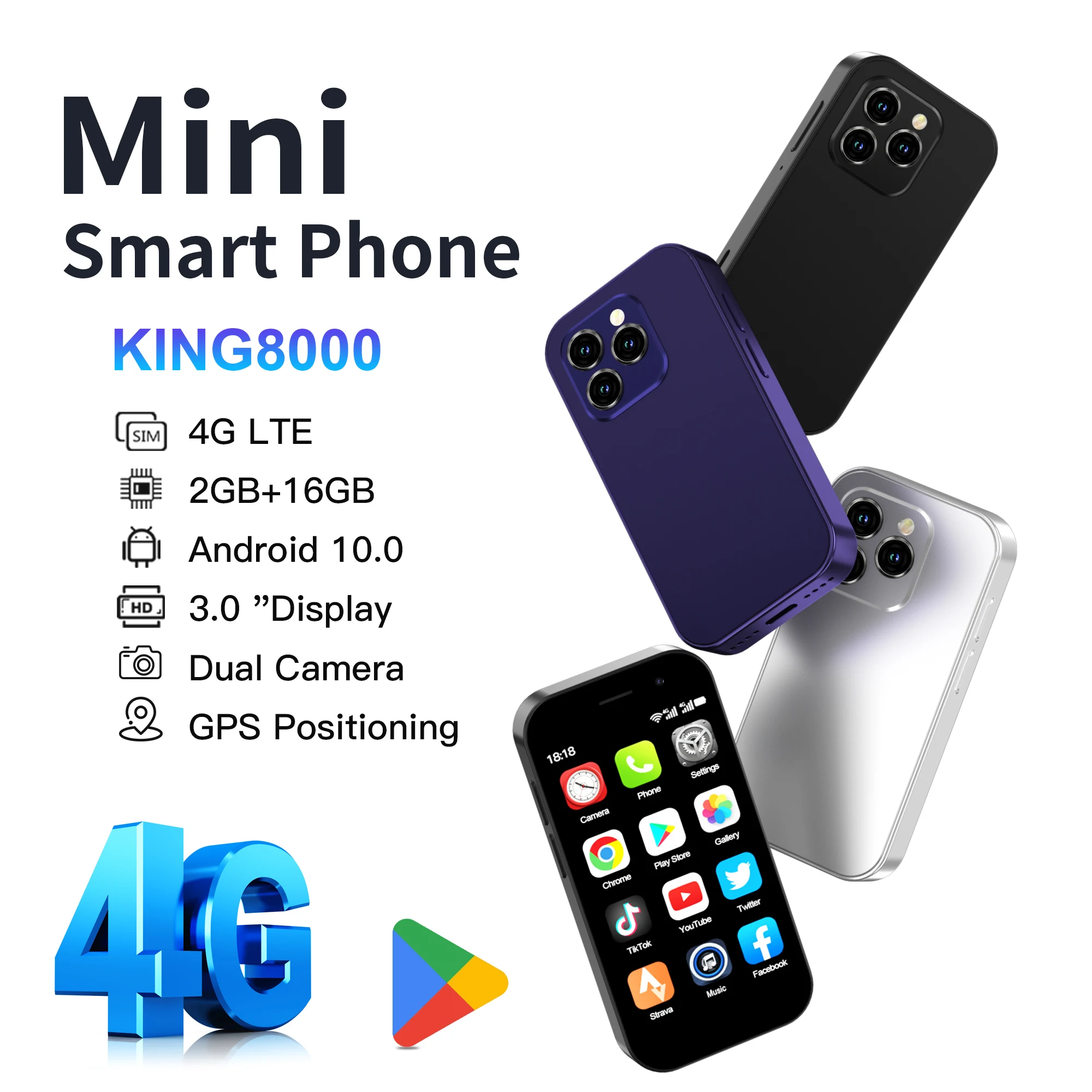 SERVOr-Mini Smartphone KING8000, 4G, 2 Emplacements EpiCard, Écran 3.0 Pouces, Système Android, 2 Go + 16 Go, Hotspot, Petite Poche, Smart Morning