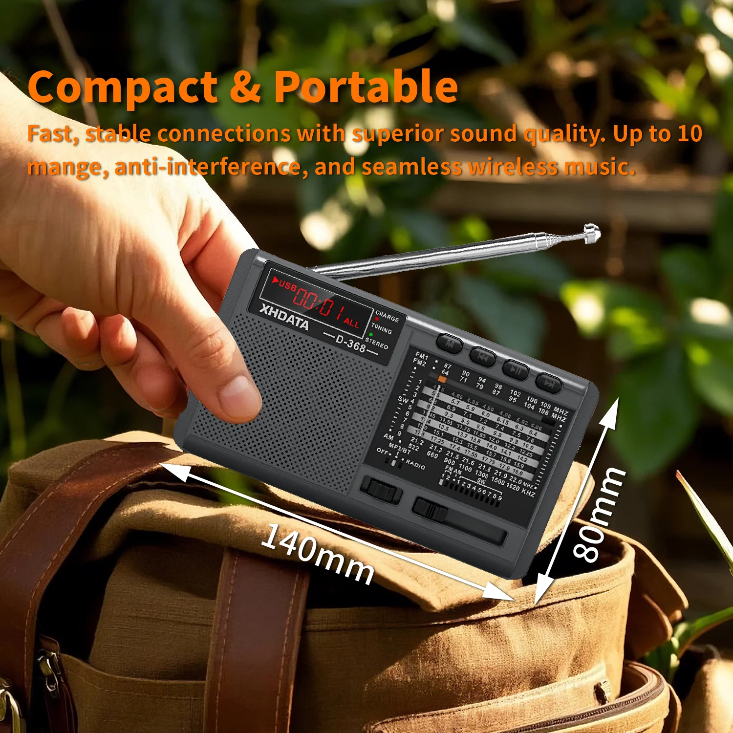 XHDATA D-368 Portable Stereo Radio FM AM SW MP3 Player with Bluetooth TF Card USB Playback 4Ω 3W Speaker Rechargeable Battery image 2