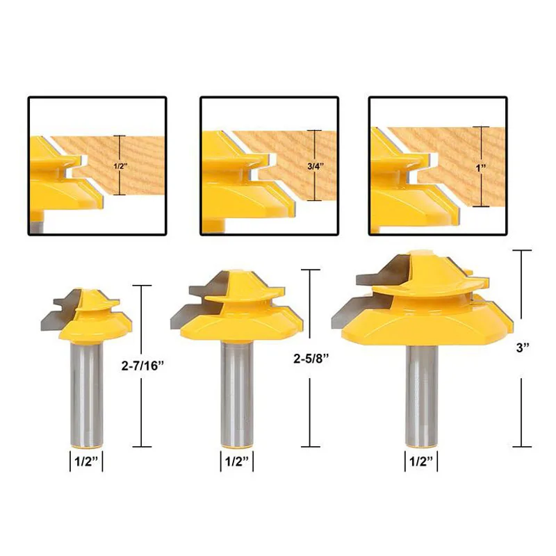 

3Pcs 45 Degree Lock Miter Glue Joint Router Bit Woodwork Cutter Set-1/2 inch Shank